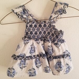 Haute Hippie 100% cotton blue white pinafore dress silver threads ruffles